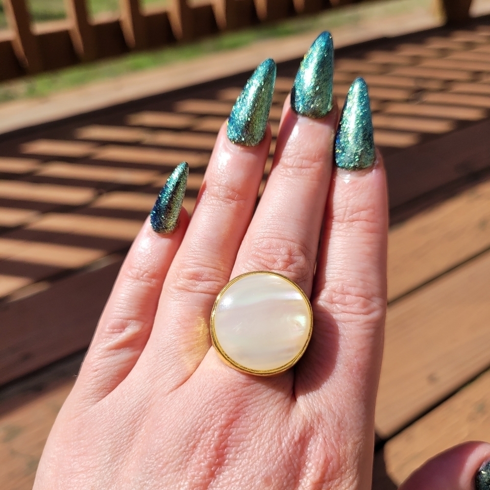 Mother Of Pearl Titanium Gold Plated Chunky Ring - Picture 7 of 16